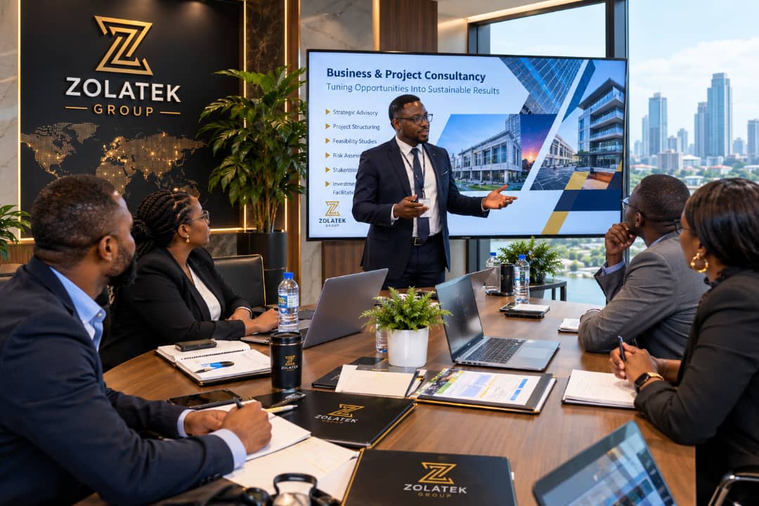 Business team meeting with a presenter beside a project consultancy display