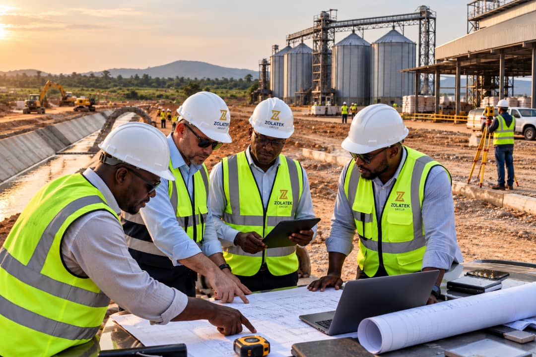 Project team reviewing plans at a construction and agricultural site
