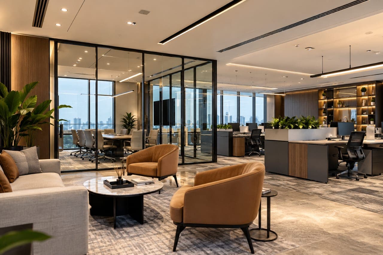 Finished office interior with coordinated workspaces and meeting areas