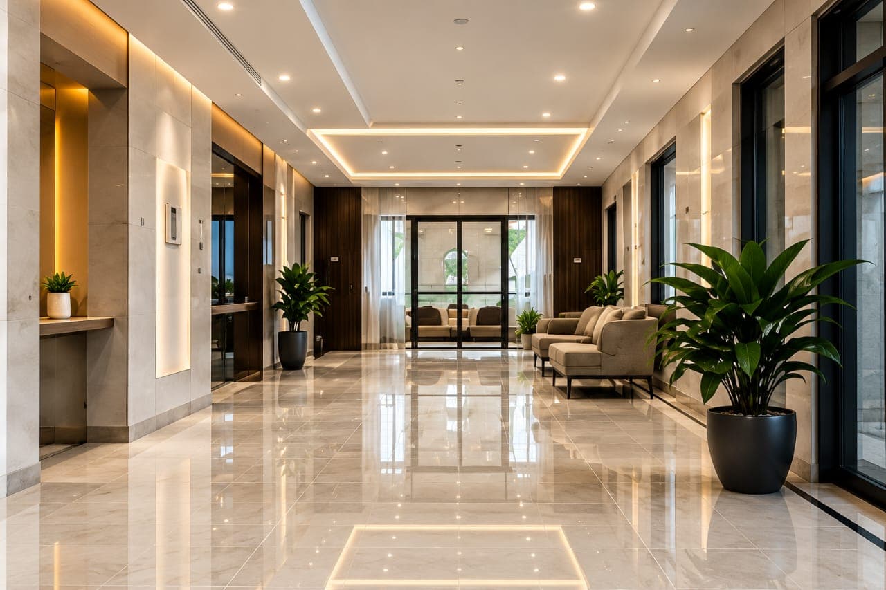 Completed interior renovation with warm architectural finishes