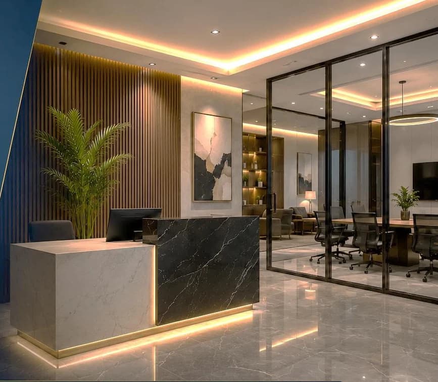 Finished reception and glass-walled office interior