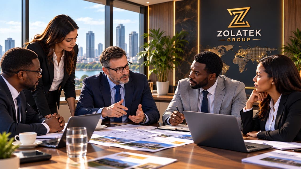 Zolatek Group team reviewing project plans in a meeting room