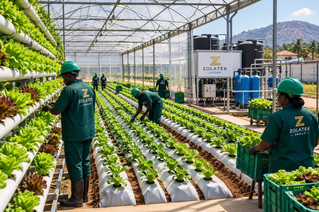 Workers tending rows of lettuce in a greenhouse farm