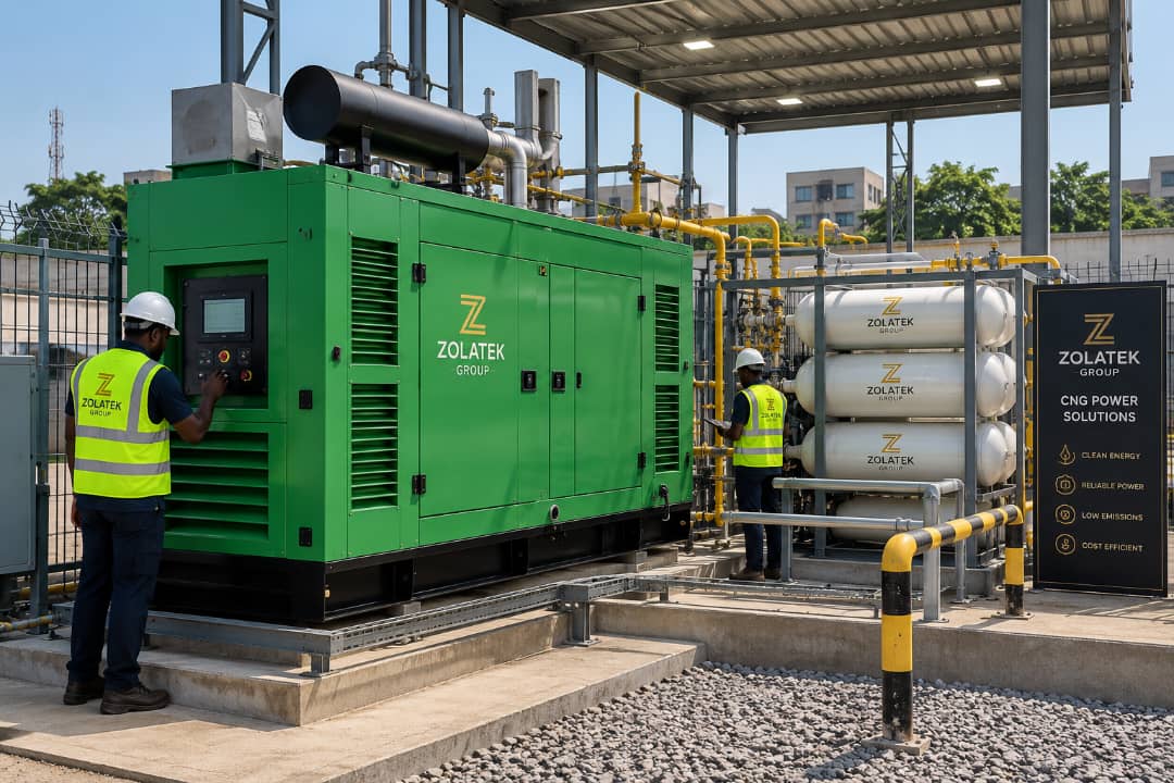 Technicians standing beside a Zolatek generator and CNG power system