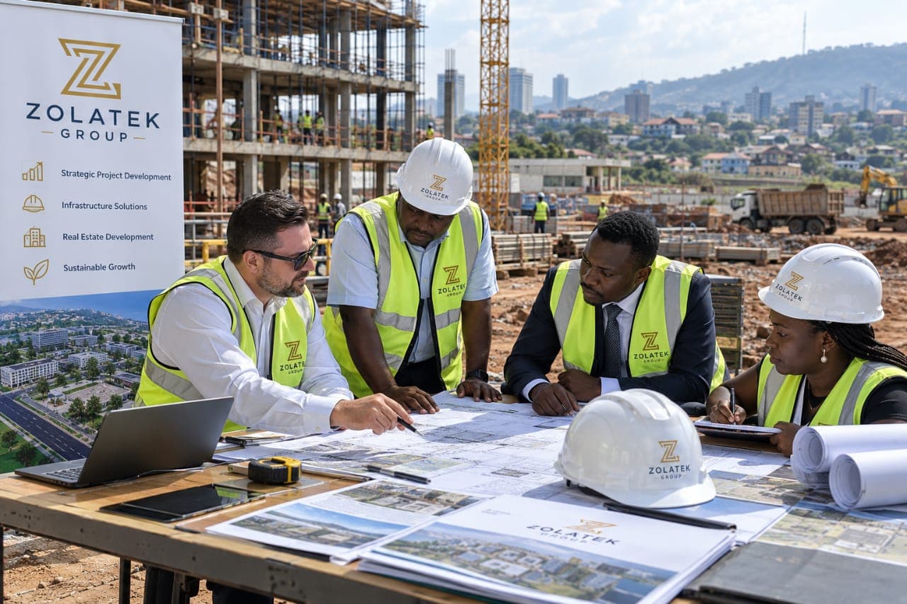 Construction team reviewing plans on a building site