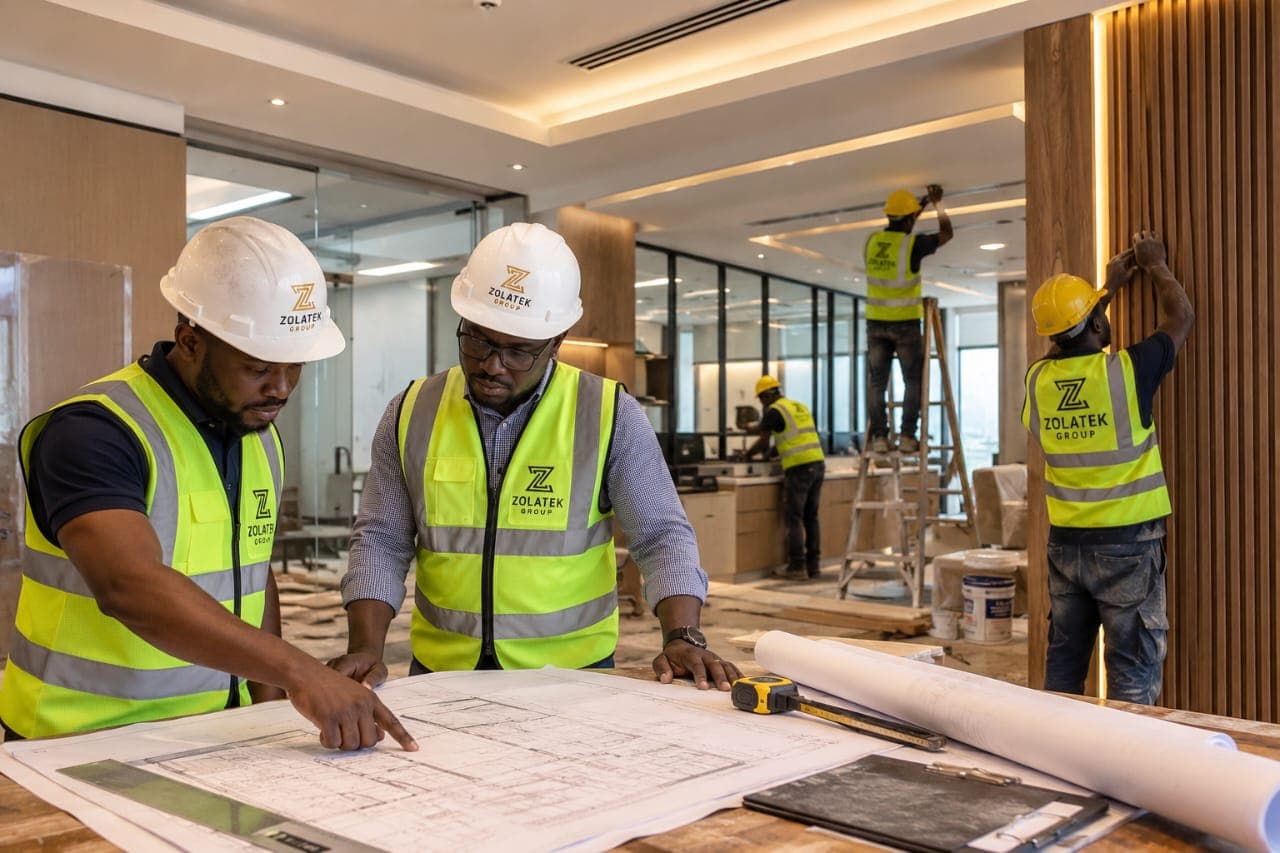 Team coordinating renovation work inside a finished interior