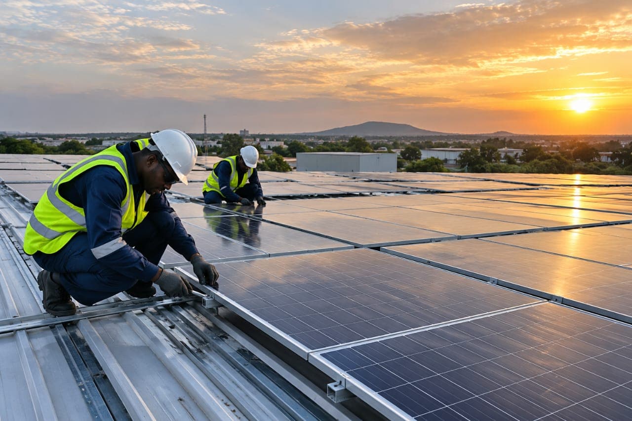Technicians installing solar panels at sunset
